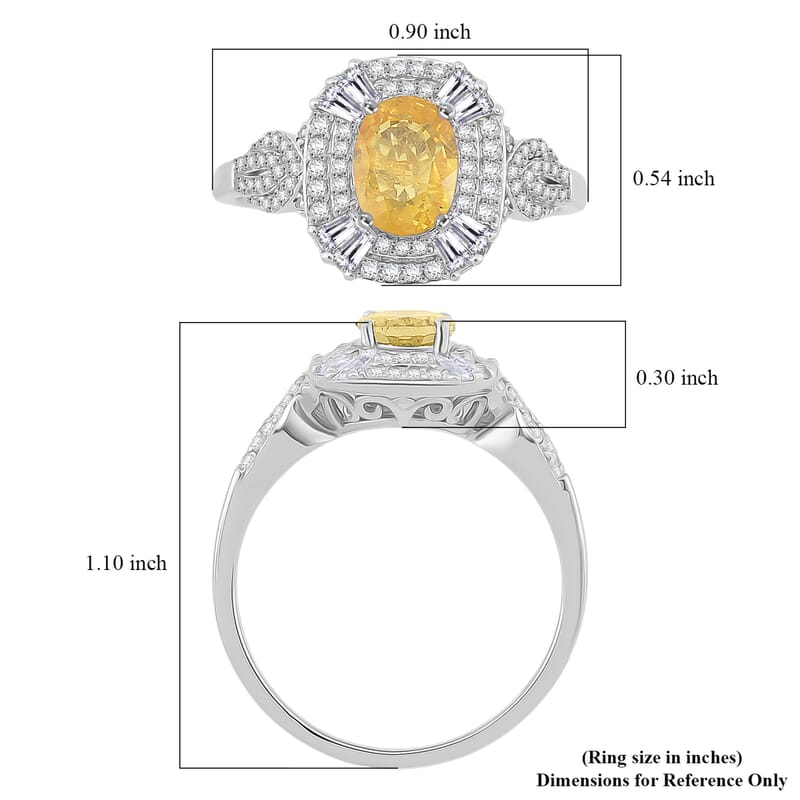 D'Joy Yellow Sapphire, White Zircon Ring in Rhodium Over Sterling Silver (Size 10.0) 2.25 ctw