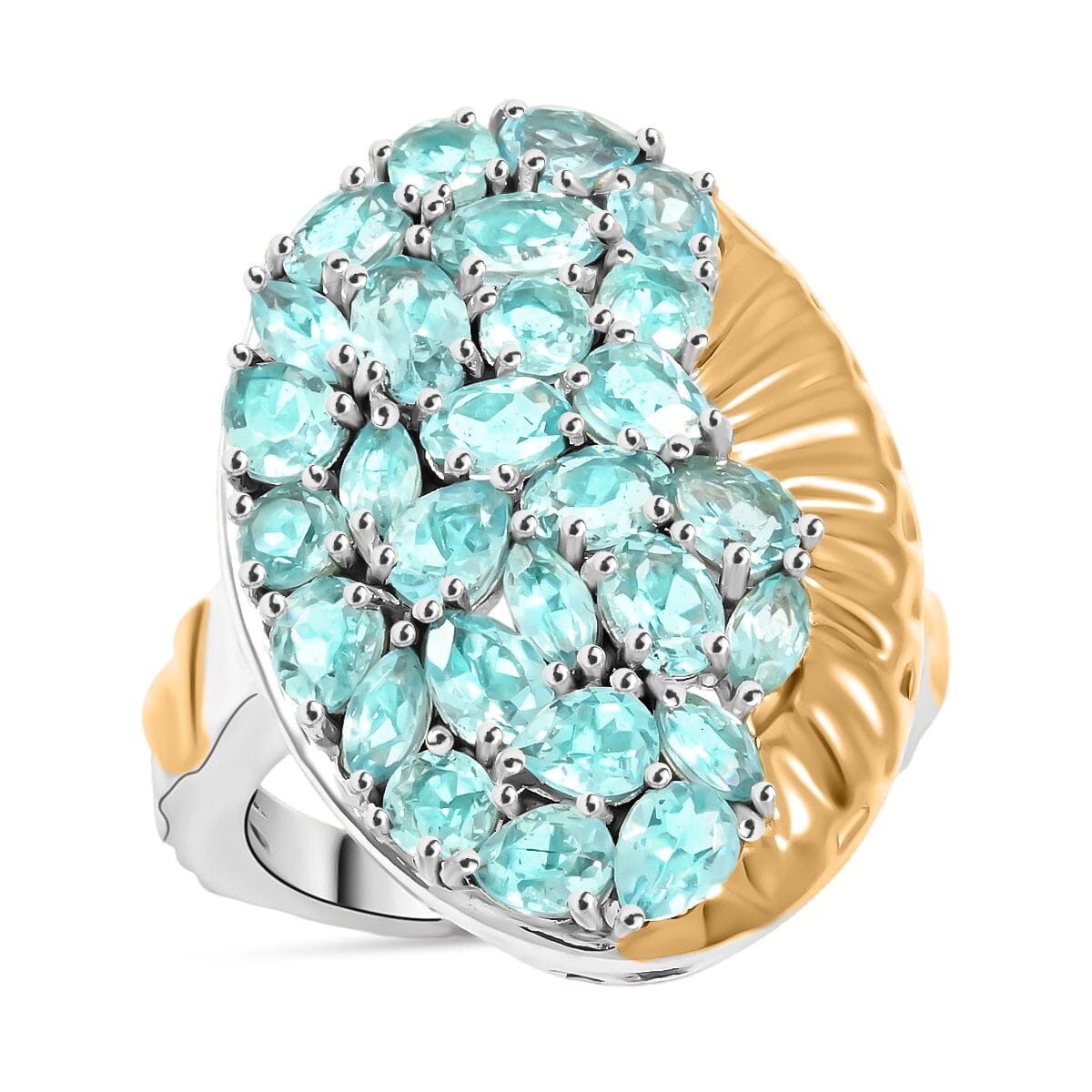 Paraiba Apatite 4.35 ctw Ocean Wave Ring in 18K Vermeil YG and Rhodium Over Sterling Silver (Size 6.5) image number 0