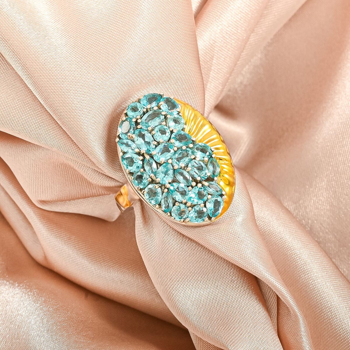Paraiba Apatite 4.35 ctw Ocean Wave Ring in 18K Vermeil YG and Rhodium Over Sterling Silver (Size 6.5) image number 1