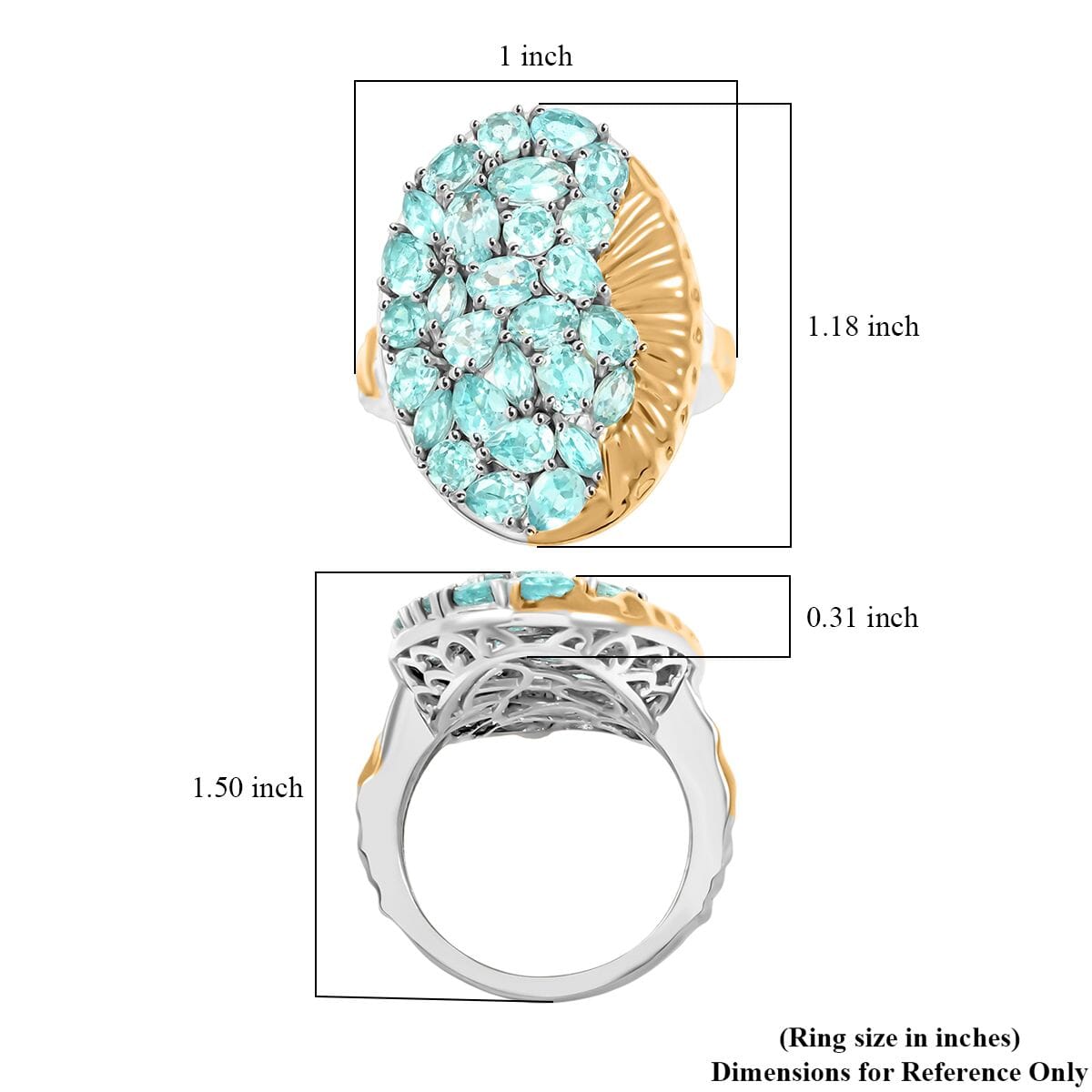 Paraiba Apatite 4.35 ctw Ocean Wave Ring in 18K Vermeil YG and Rhodium Over Sterling Silver (Size 6.5) image number 5