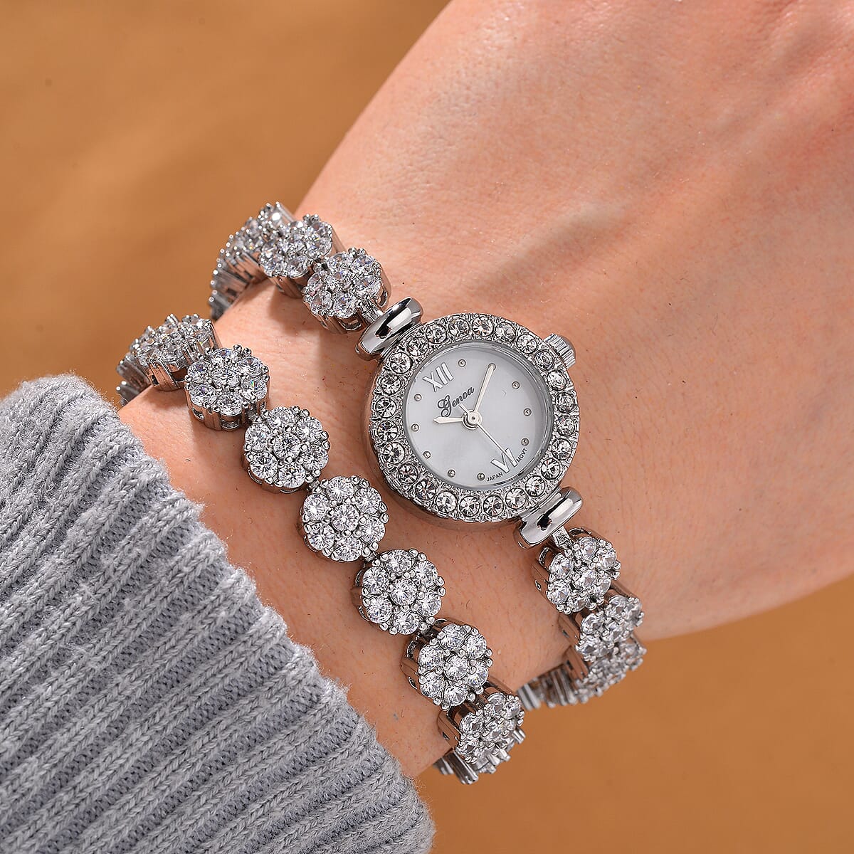 Genoa Austrian Crystal Japanese Movement Round Dail Bracelet Watch in Silvertone image number 1