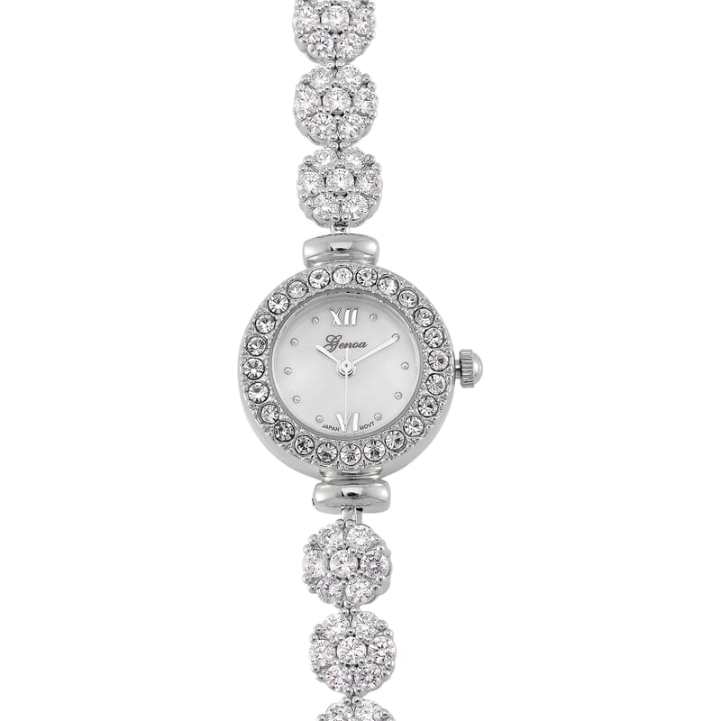 Genoa Austrian Crystal Japanese Movement Round Dail Bracelet Watch in Silvertone