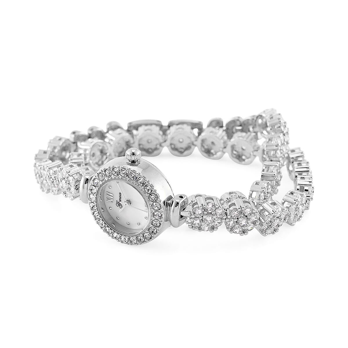 Genoa Austrian Crystal Japanese Movement Round Dail Bracelet Watch in Silvertone image number 4