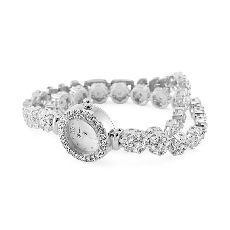 Genoa Austrian Crystal Japanese Movement Round Dail Bracelet Watch in Silvertone
