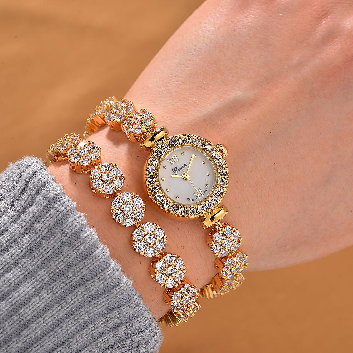 Genoa Austrian Crystal Japanese Movement Round Dail Bracelet Watch in Goldtone image number 1