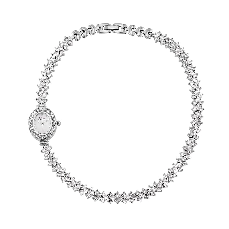 Genoa Austrian Crystal Japanese Movement Oval Dail Bracelet Watch in Silvertone
