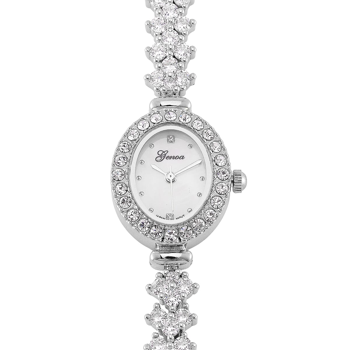 Genoa Austrian Crystal Japanese Movement Oval Dail Bracelet Watch in Silvertone image number 2