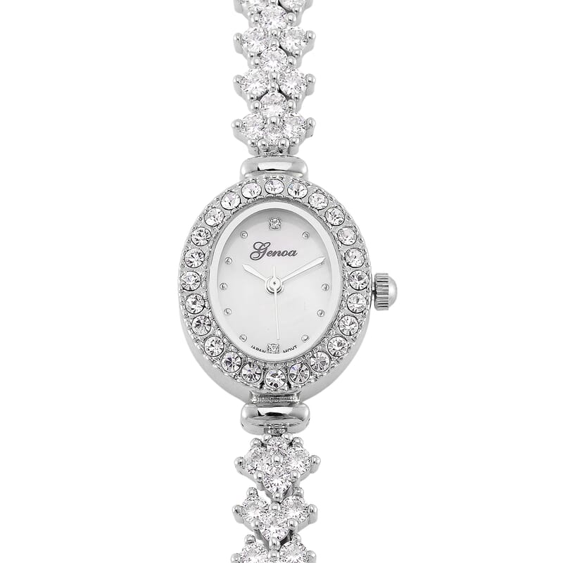 Genoa Austrian Crystal Japanese Movement Oval Dail Bracelet Watch in Silvertone