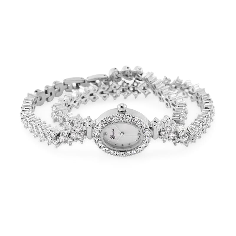 Genoa Austrian Crystal Japanese Movement Oval Dail Bracelet Watch in Silvertone