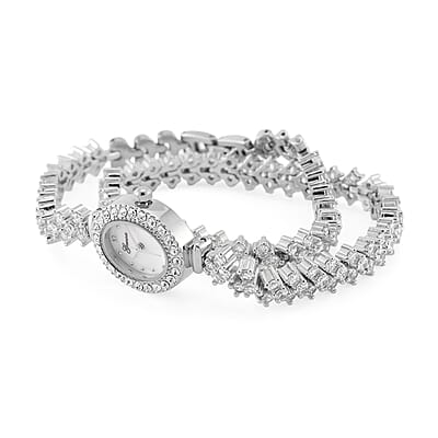 Genoa Austrian Crystal Japanese Movement Oval Dail Bracelet Watch in Silvertone