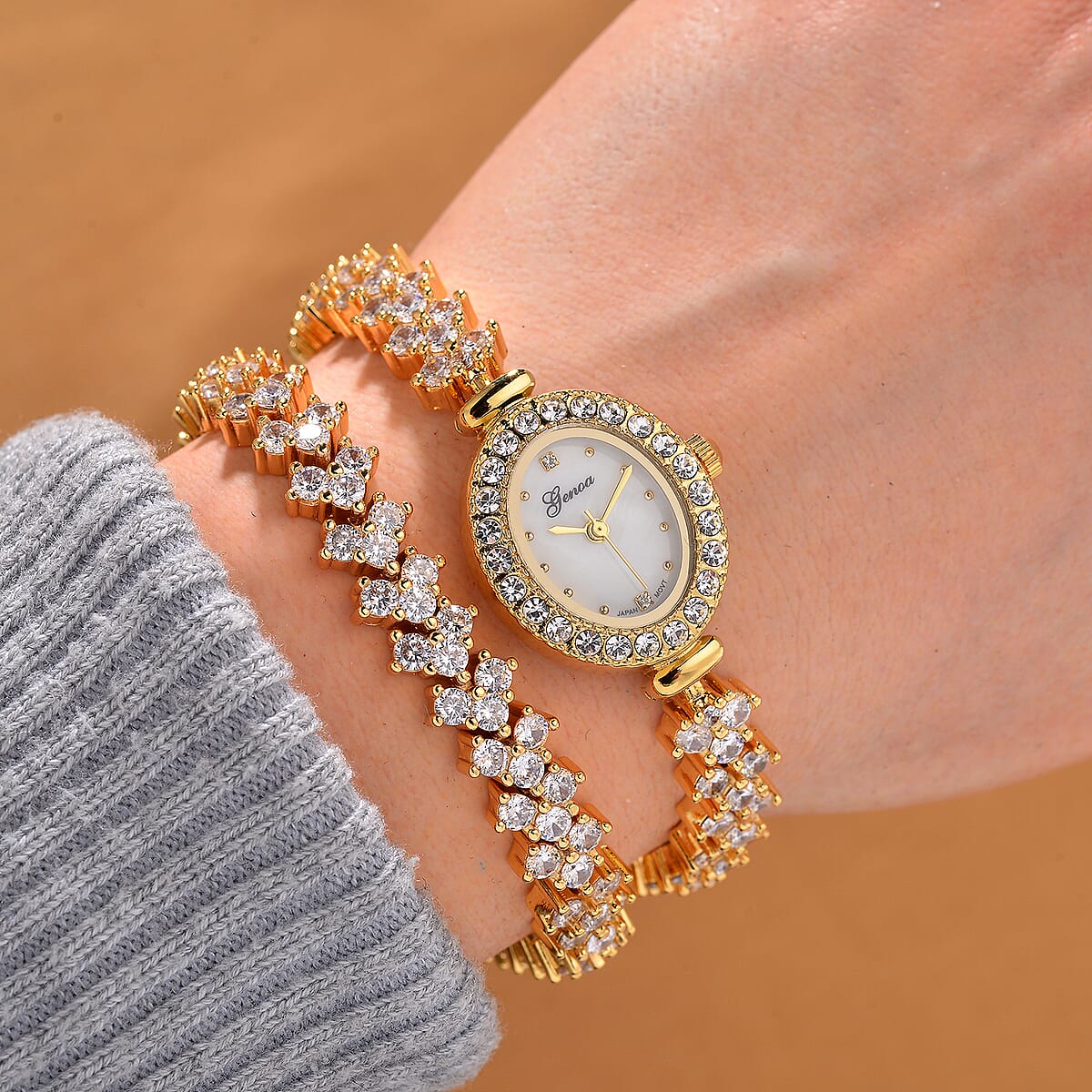 Genoa Austrian Crystal Japanese Movement Oval Dail Bracelet Watch in Goldtone image number 1