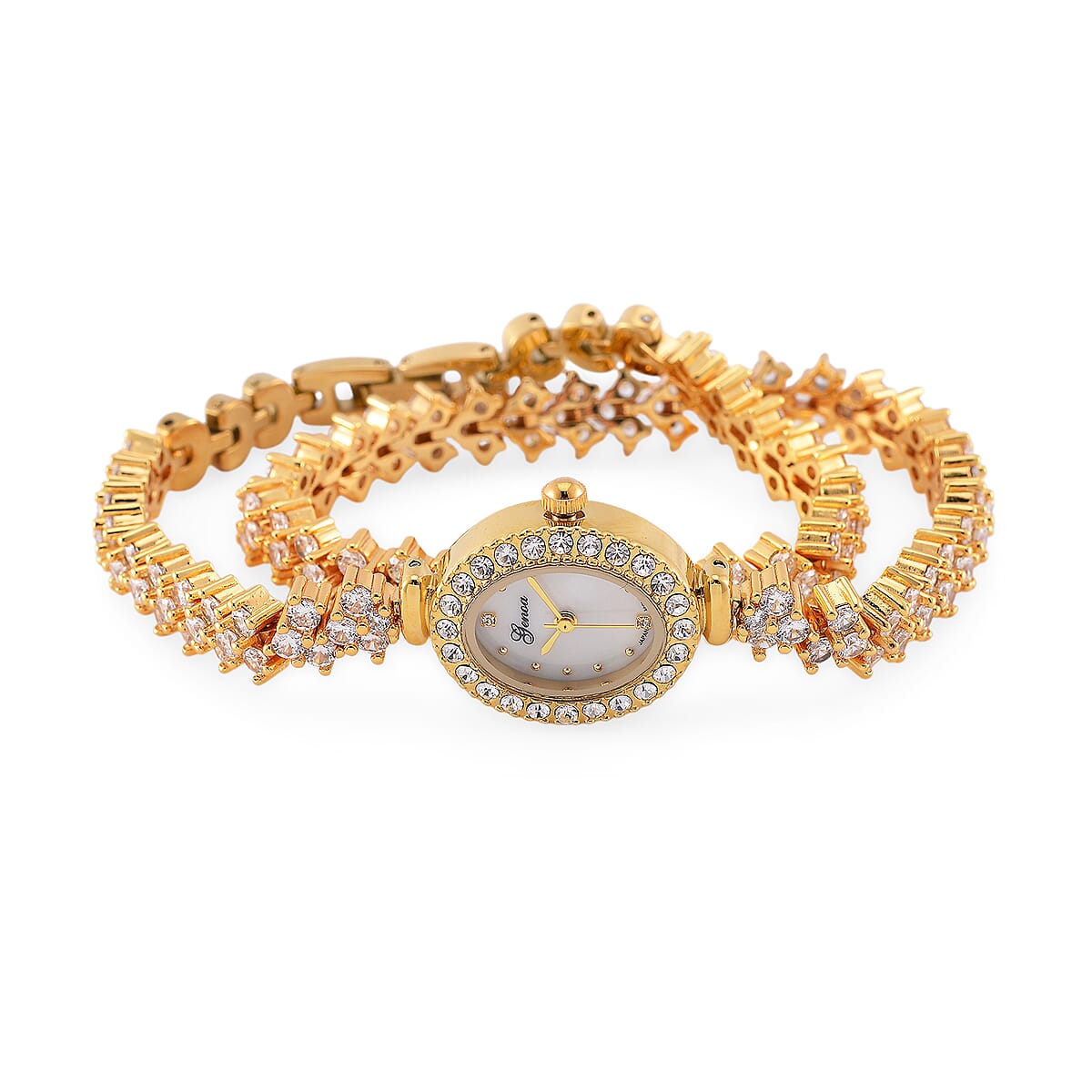 Genoa Austrian Crystal Japanese Movement Oval Dail Bracelet Watch in Goldtone image number 3