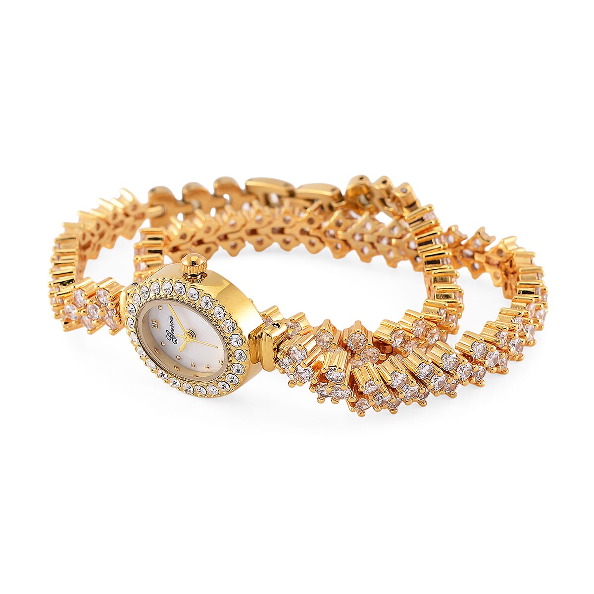 Genoa Austrian Crystal Japanese Movement Oval Dail Bracelet Watch in Goldtone image number 4