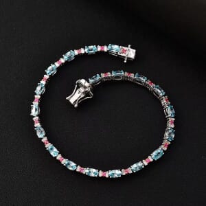 D'Joy Premium Cambodian Blue Zircon and Multi Gemstone 6.20 ctw Twilight Spark Bracelet in Rhodium Over Sterling Silver (6.50 In)