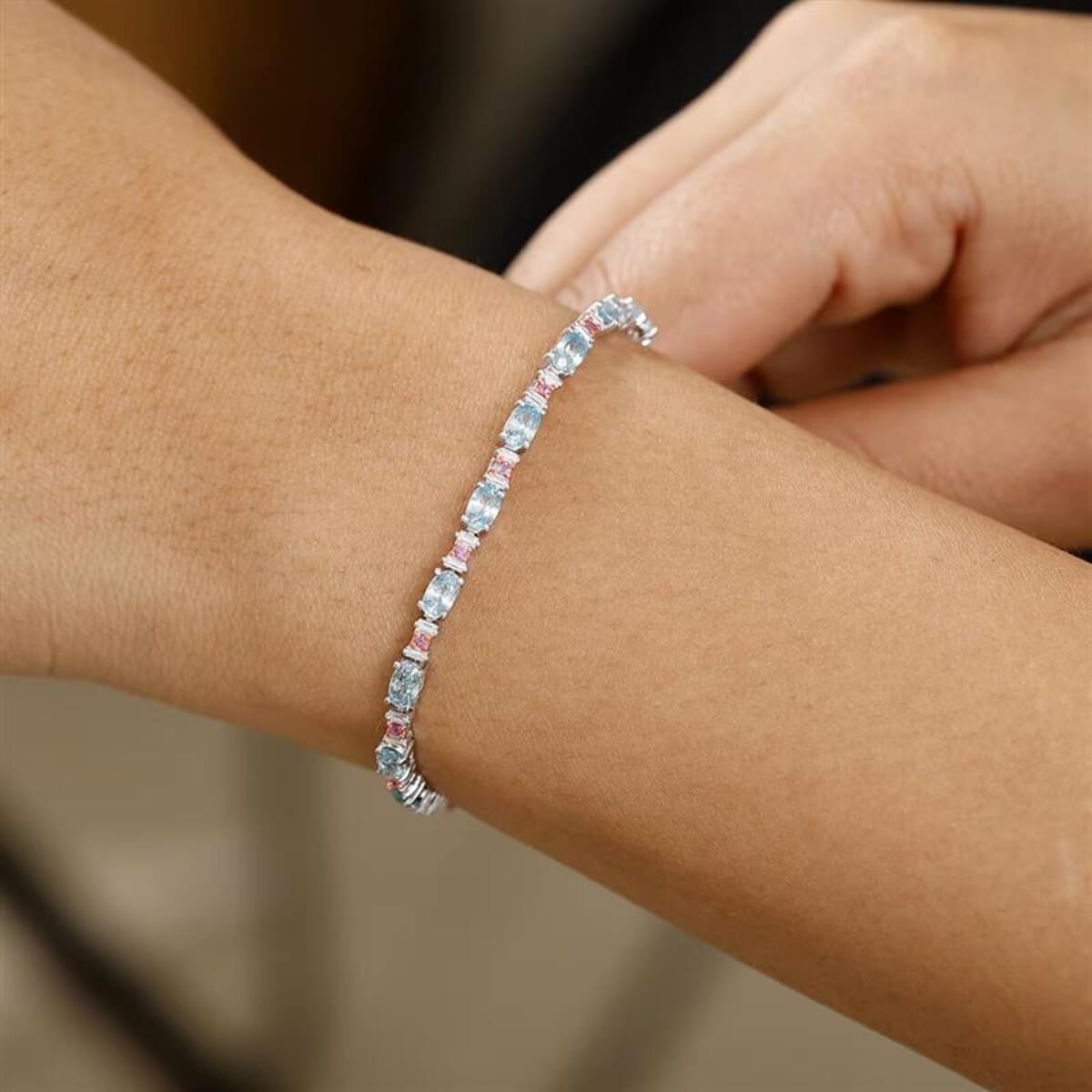 D'Joy Premium Cambodian Blue Zircon and Multi Gemstone 6.20 ctw Twilight Spark Bracelet in Rhodium Over Sterling Silver (6.50 In) image number 1