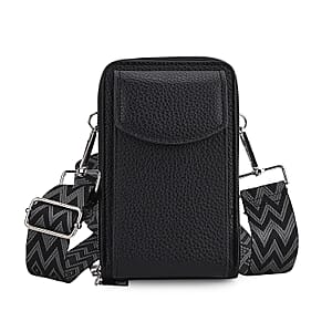 Black Litchi Embossed Faux Leather Crossbody Bag with Woven Shoulder Strap
