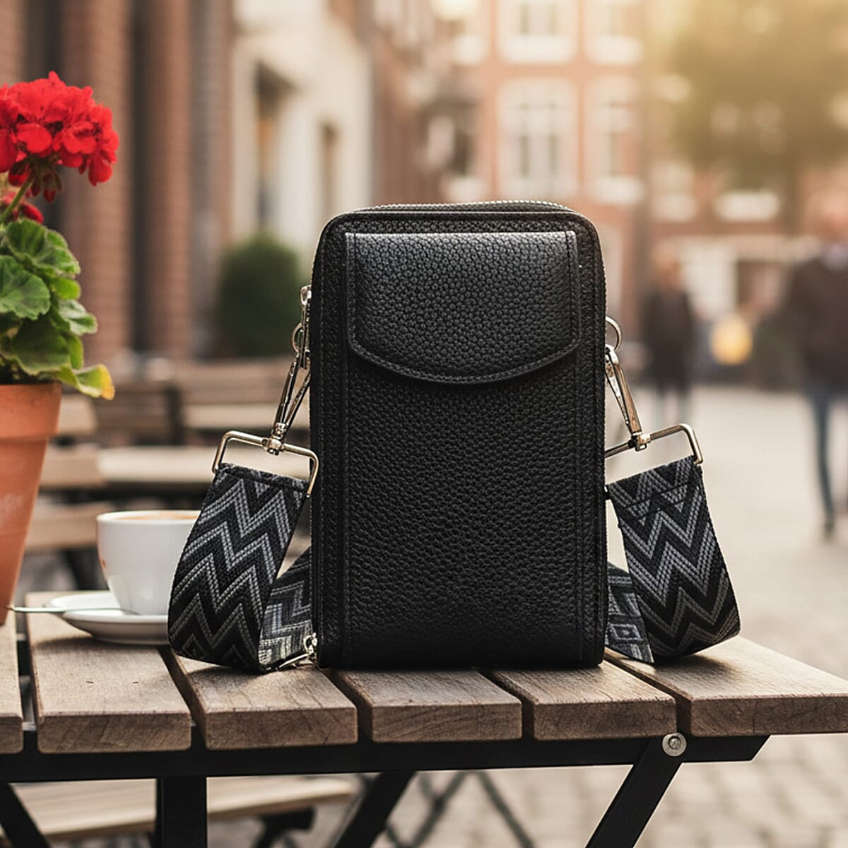 Black Litchi Embossed Faux Leather Crossbody Bag with Woven Shoulder Strap image number 1