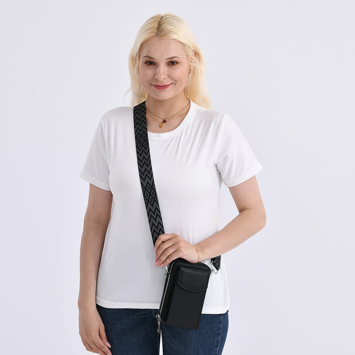 Black Litchi Embossed Faux Leather Crossbody Bag with Woven Shoulder Strap image number 2