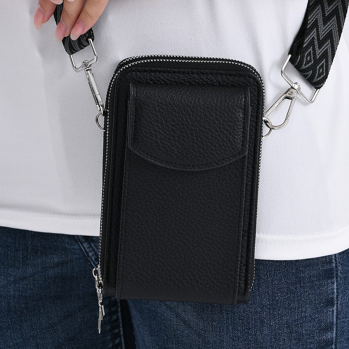 Black Litchi Embossed Faux Leather Crossbody Bag with Woven Shoulder Strap image number 3