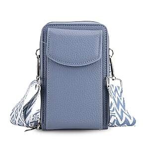 Blue Litchi Embossed Faux Leather Crossbody Bag with Woven Shoulder Strap