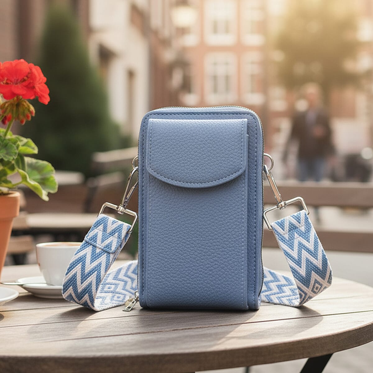 Blue Litchi Embossed Faux Leather Crossbody Bag with Woven Shoulder Strap image number 1