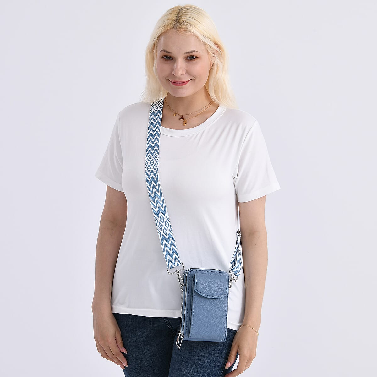 Blue Litchi Embossed Faux Leather Crossbody Bag with Woven Shoulder Strap image number 2