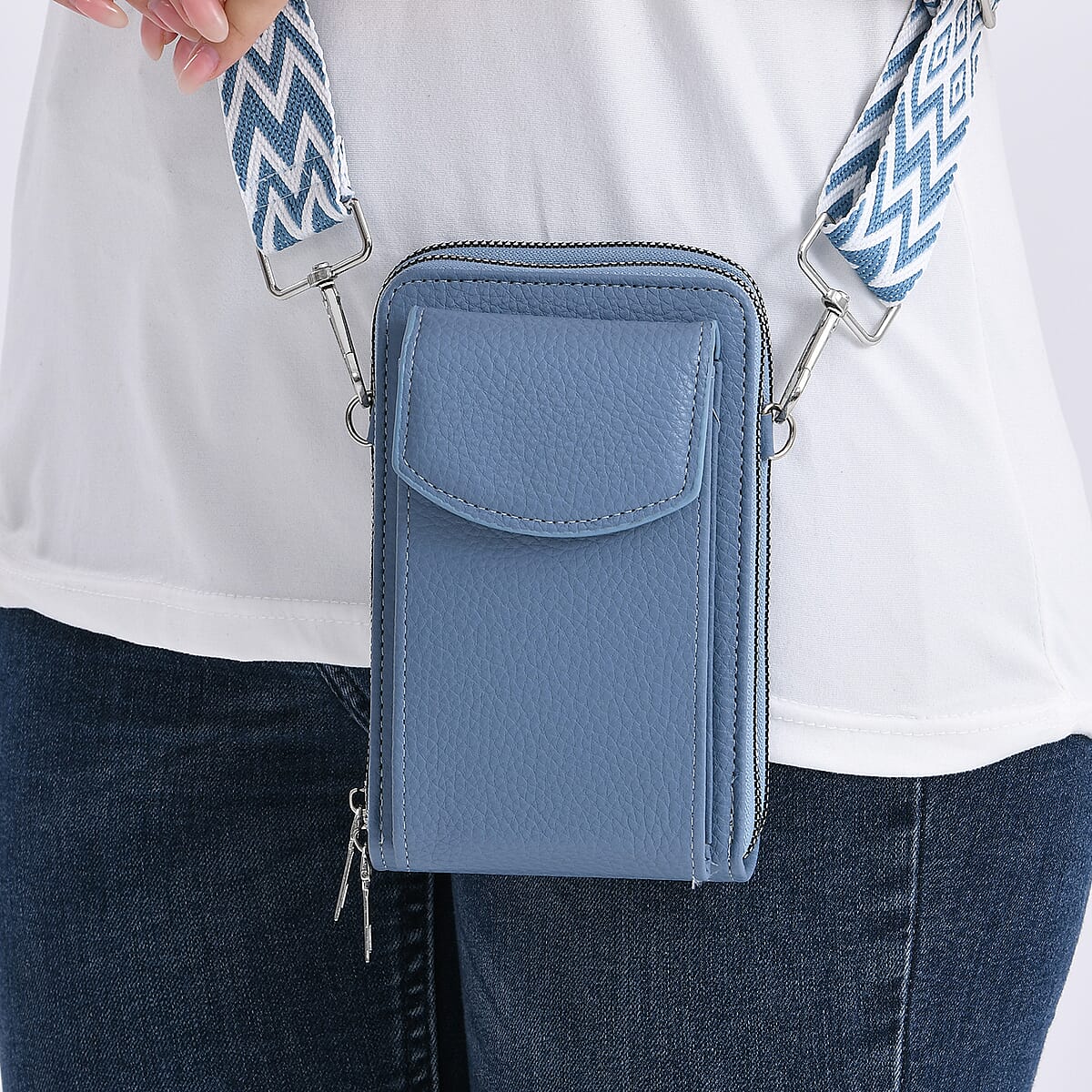 Blue Litchi Embossed Faux Leather Crossbody Bag with Woven Shoulder Strap image number 3