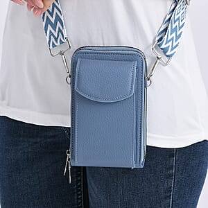Blue Litchi Embossed Faux Leather Crossbody Bag with Woven Shoulder Strap
