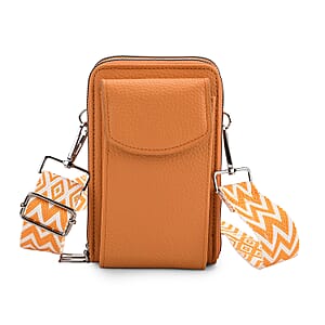 Orange Litchi Embossed Faux Leather Crossbody Bag with Woven Shoulder Strap