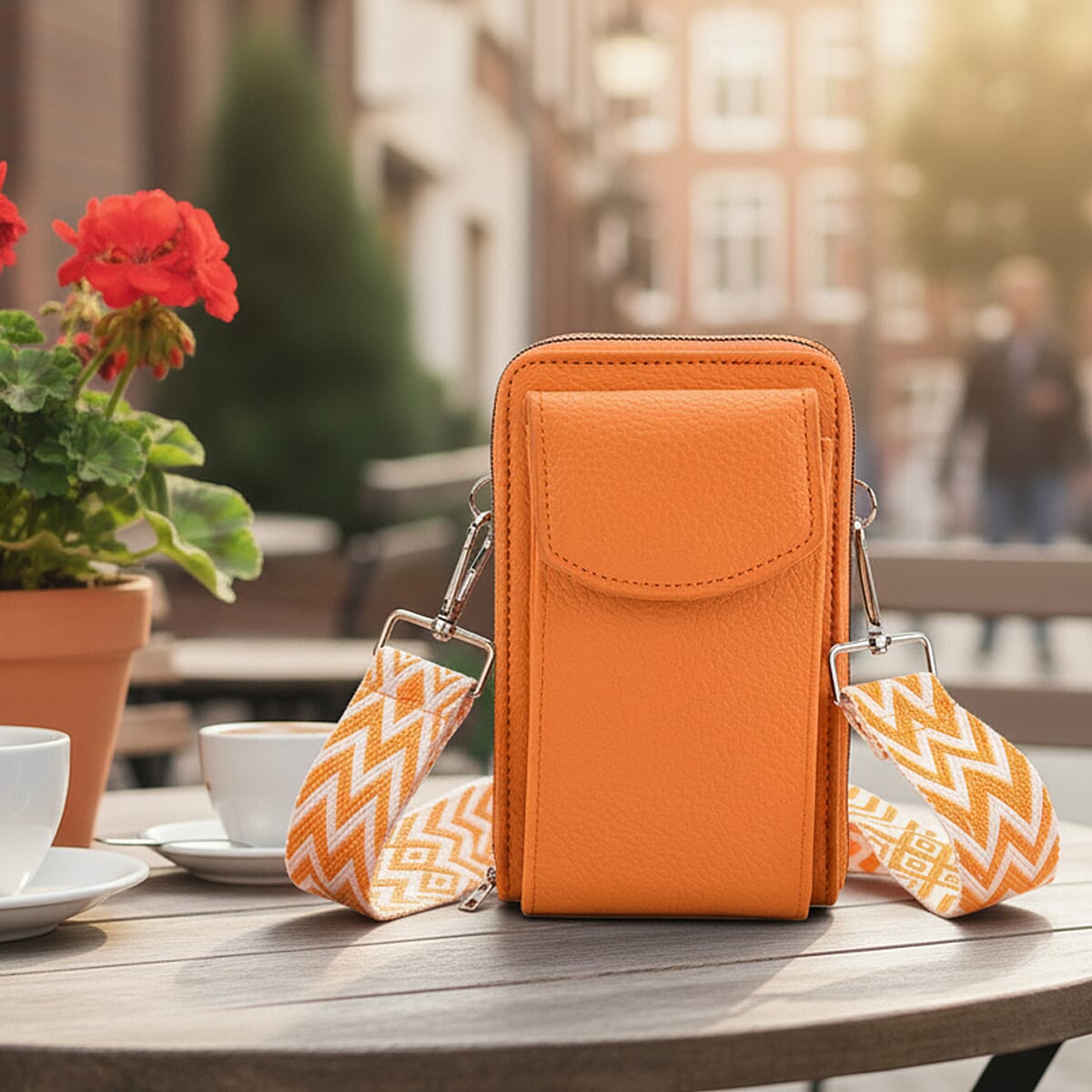 Orange Litchi Embossed Faux Leather Crossbody Bag with Woven Shoulder Strap image number 1