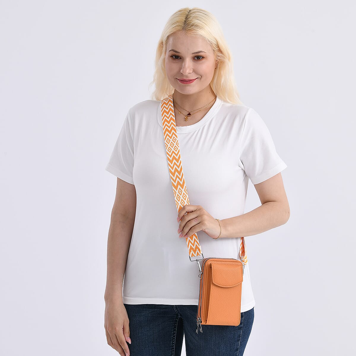 Orange Litchi Embossed Faux Leather Crossbody Bag with Woven Shoulder Strap image number 2
