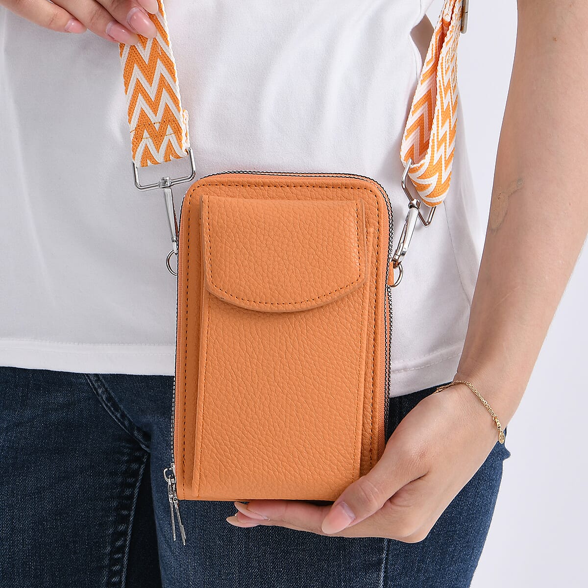 Orange Litchi Embossed Faux Leather Crossbody Bag with Woven Shoulder Strap image number 3