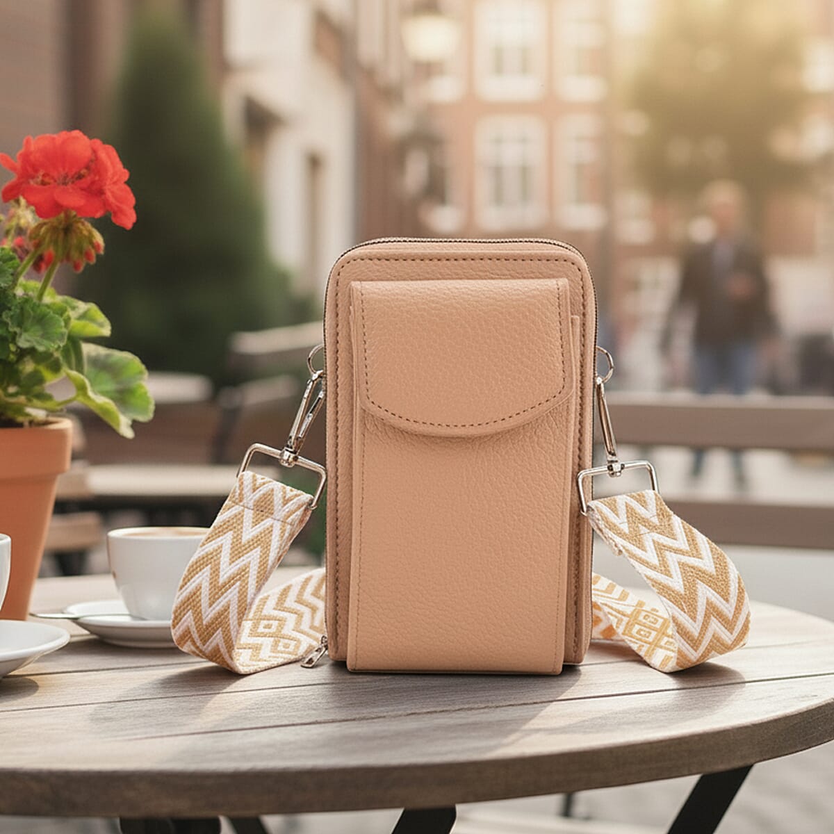 Khaki Litchi Embossed Faux Leather Crossbody Bag with Woven Shoulder Strap image number 1