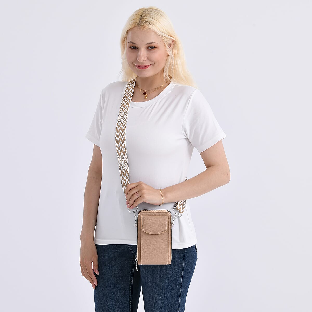 Khaki Litchi Embossed Faux Leather Crossbody Bag with Woven Shoulder Strap image number 2