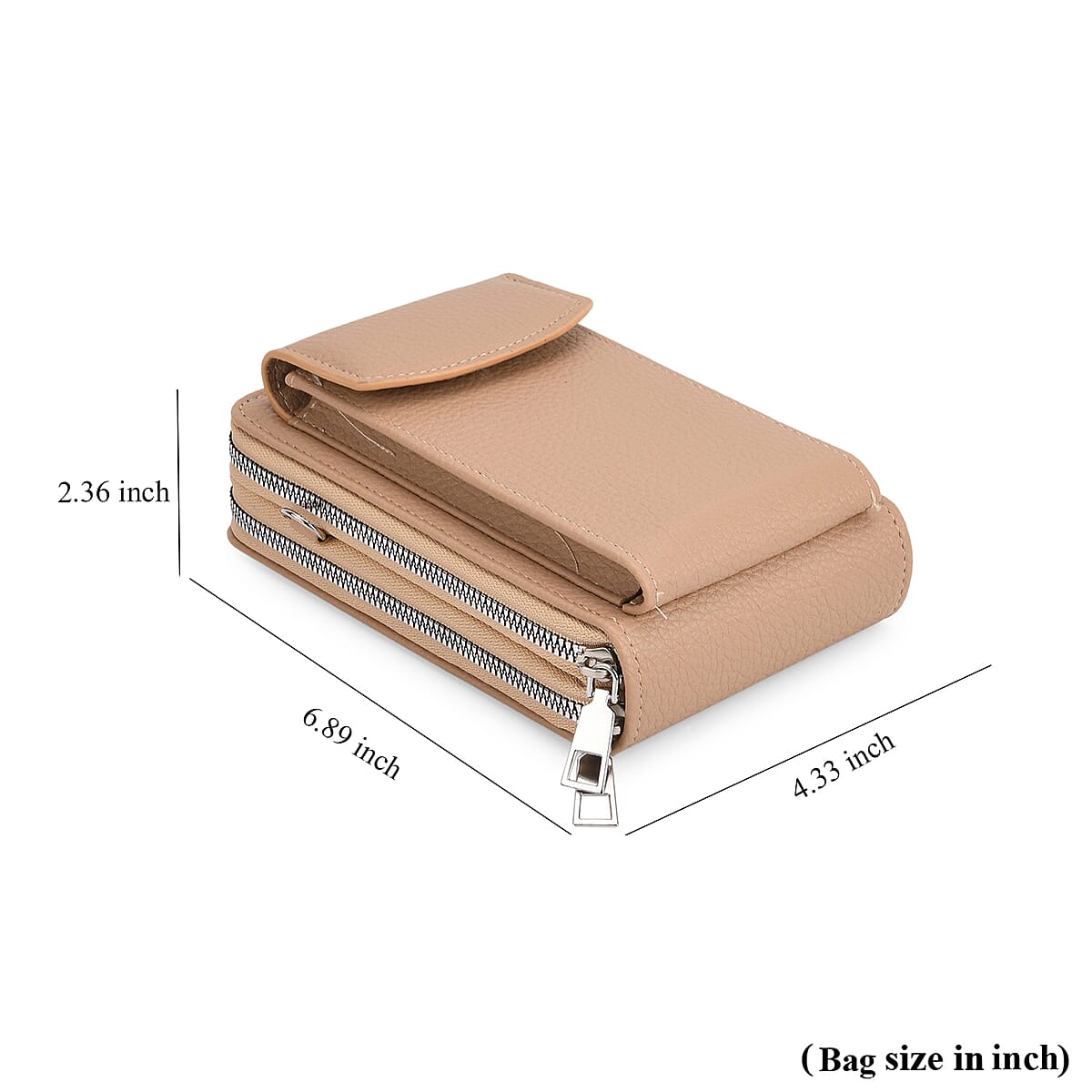 Khaki Litchi Embossed Faux Leather Crossbody Bag with Woven Shoulder Strap image number 7