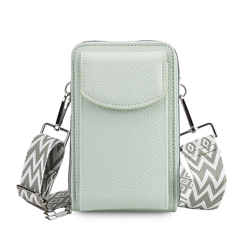 Mint Green Litchi Embossed Faux Leather Crossbody Bag with Woven Shoulder Strap