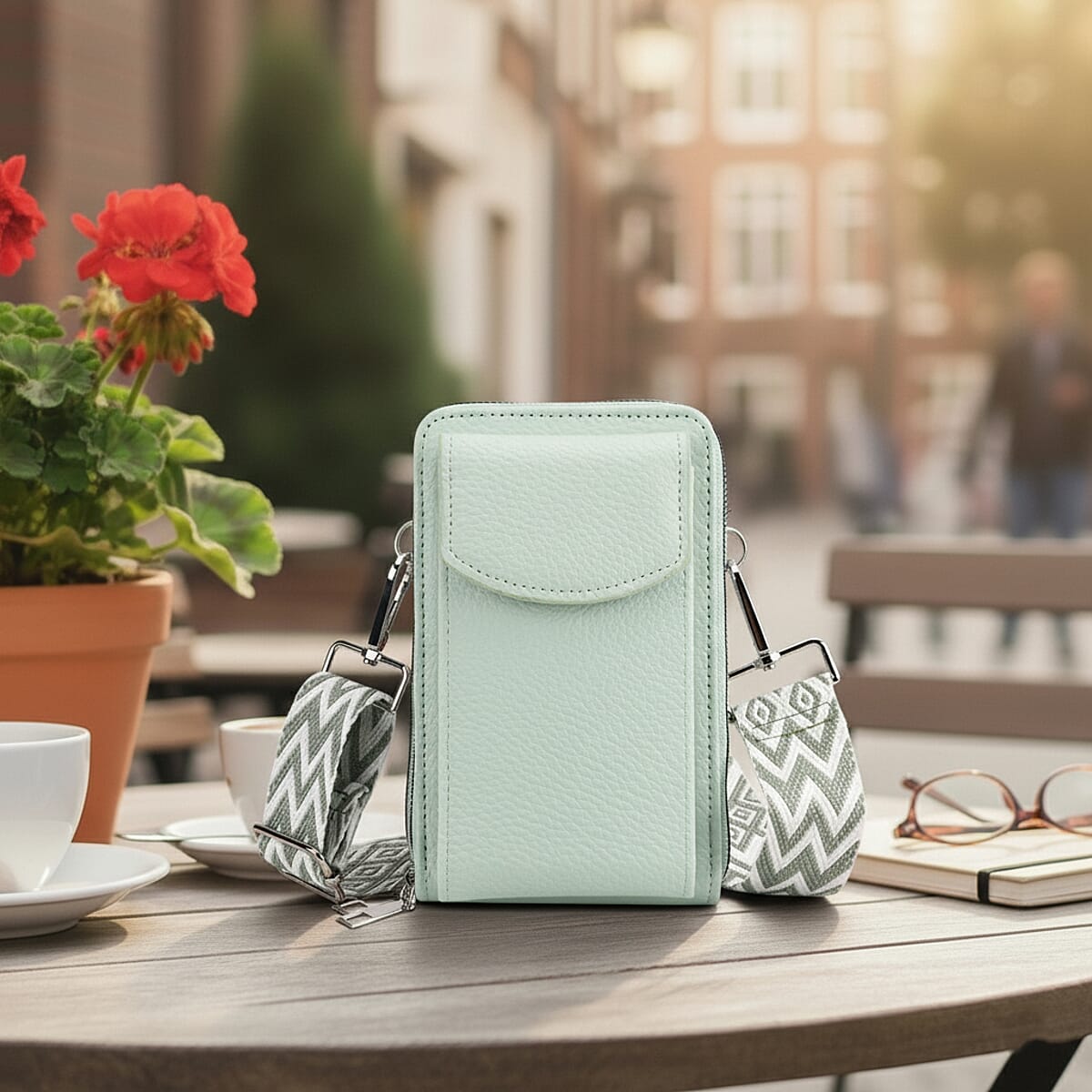 Mint Green Litchi Embossed Faux Leather Crossbody Bag with Woven Shoulder Strap image number 1