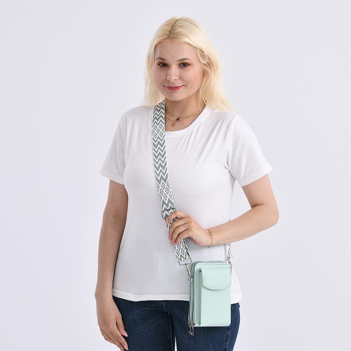 Mint Green Litchi Embossed Faux Leather Crossbody Bag with Woven Shoulder Strap image number 2