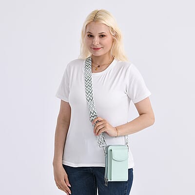Mint Green Litchi Embossed Faux Leather Crossbody Bag with Woven Shoulder Strap