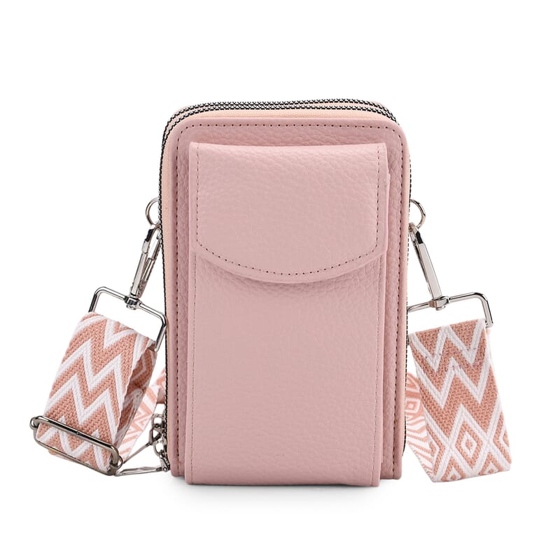 Pink Litchi Embossed Faux Leather Crossbody Bag with Woven Shoulder Strap