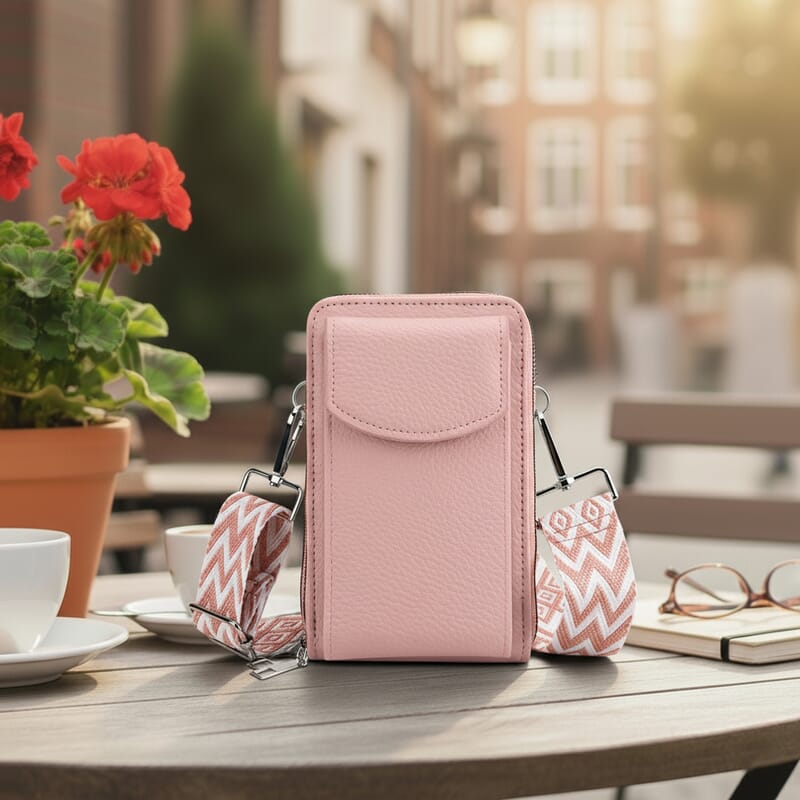 Pink Litchi Embossed Faux Leather Crossbody Bag with Woven Shoulder Strap