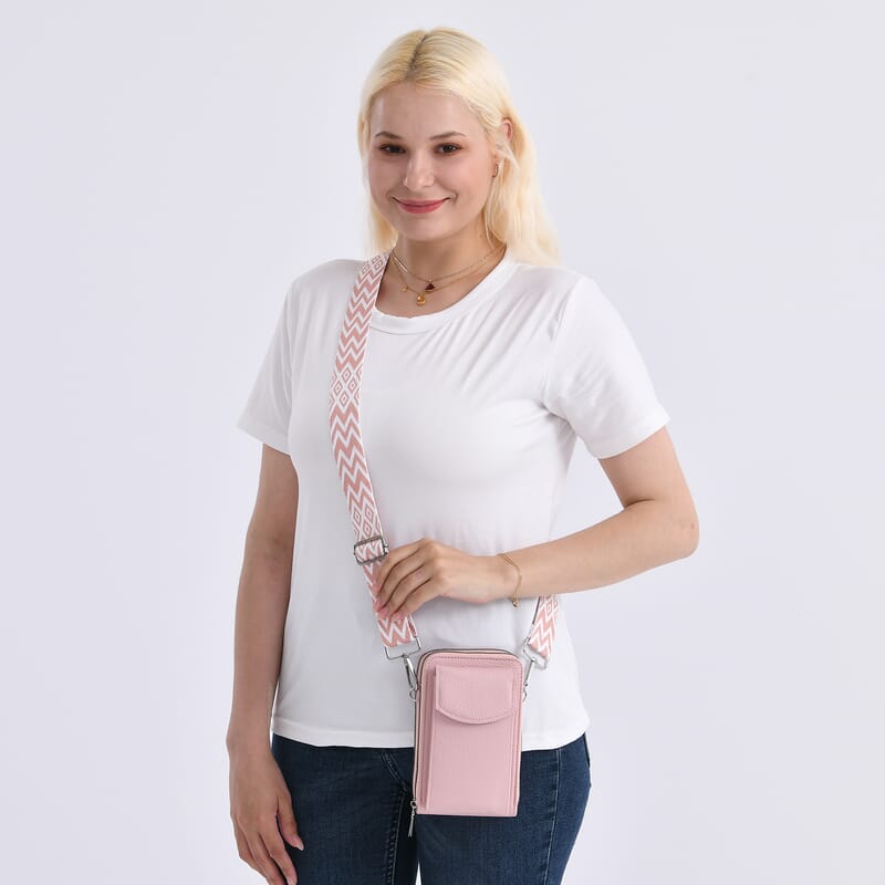 Pink Litchi Embossed Faux Leather Crossbody Bag with Woven Shoulder Strap