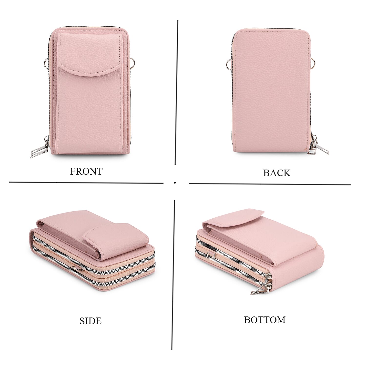 Pink Litchi Embossed Faux Leather Crossbody Bag with Woven Shoulder Strap