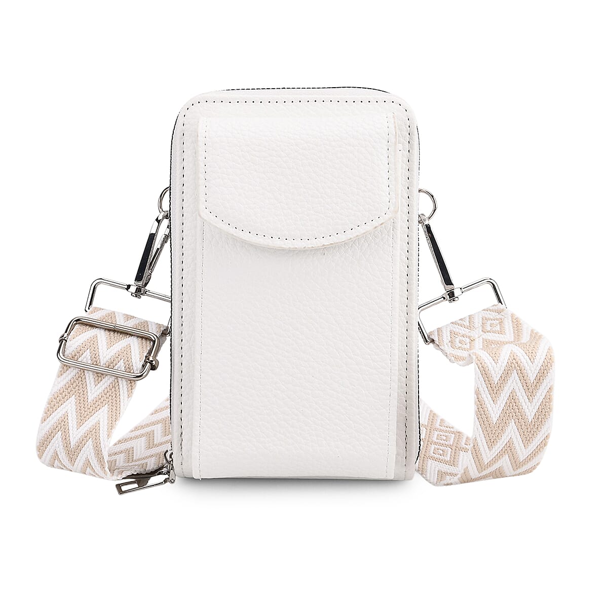 White Litchi Embossed Faux Leather Crossbody Bag with Woven Shoulder Strap image number 0