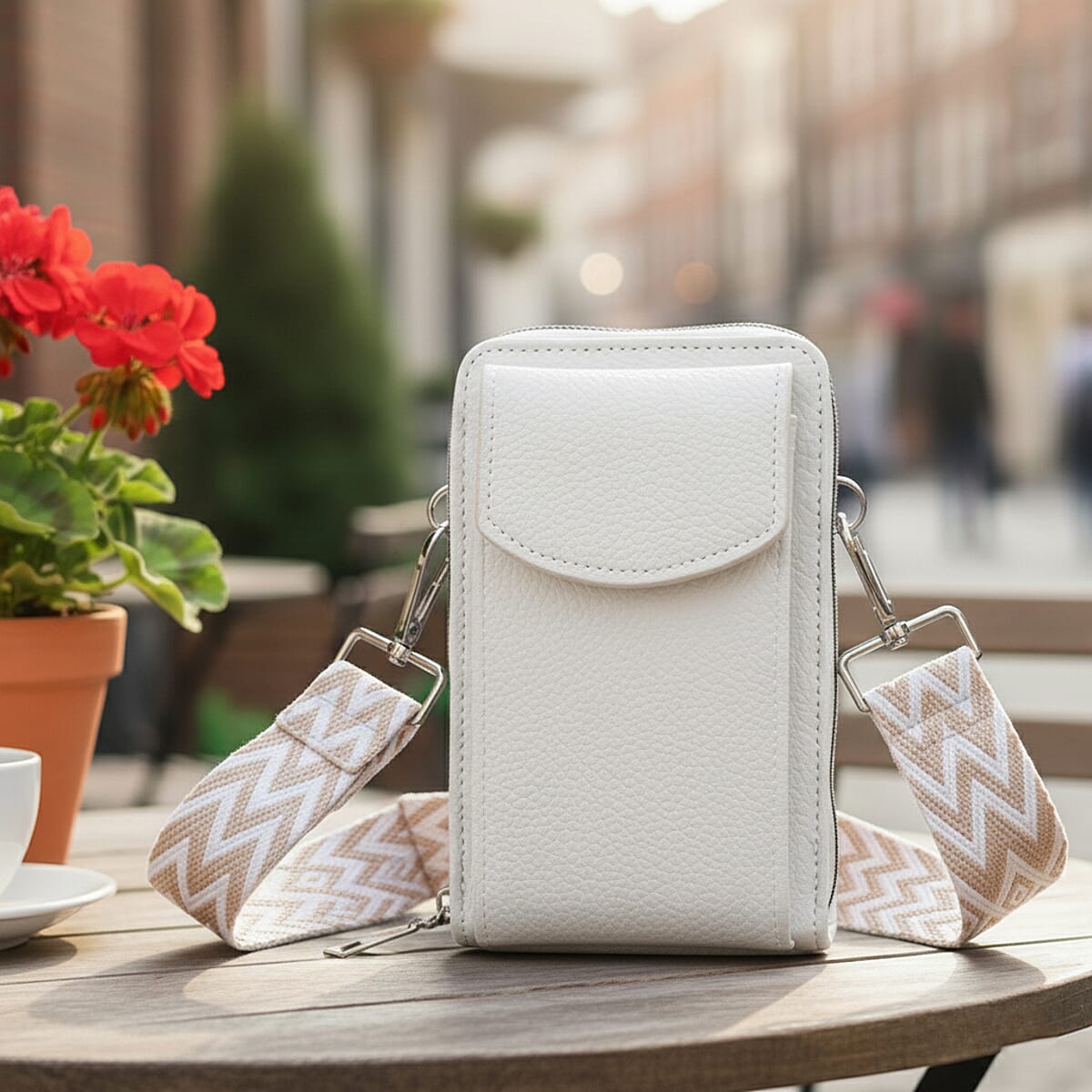 White Litchi Embossed Faux Leather Crossbody Bag with Woven Shoulder Strap image number 1
