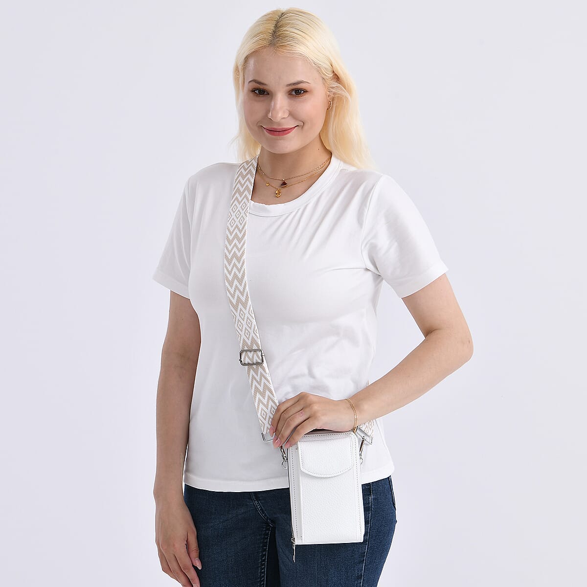 White Litchi Embossed Faux Leather Crossbody Bag with Woven Shoulder Strap image number 2