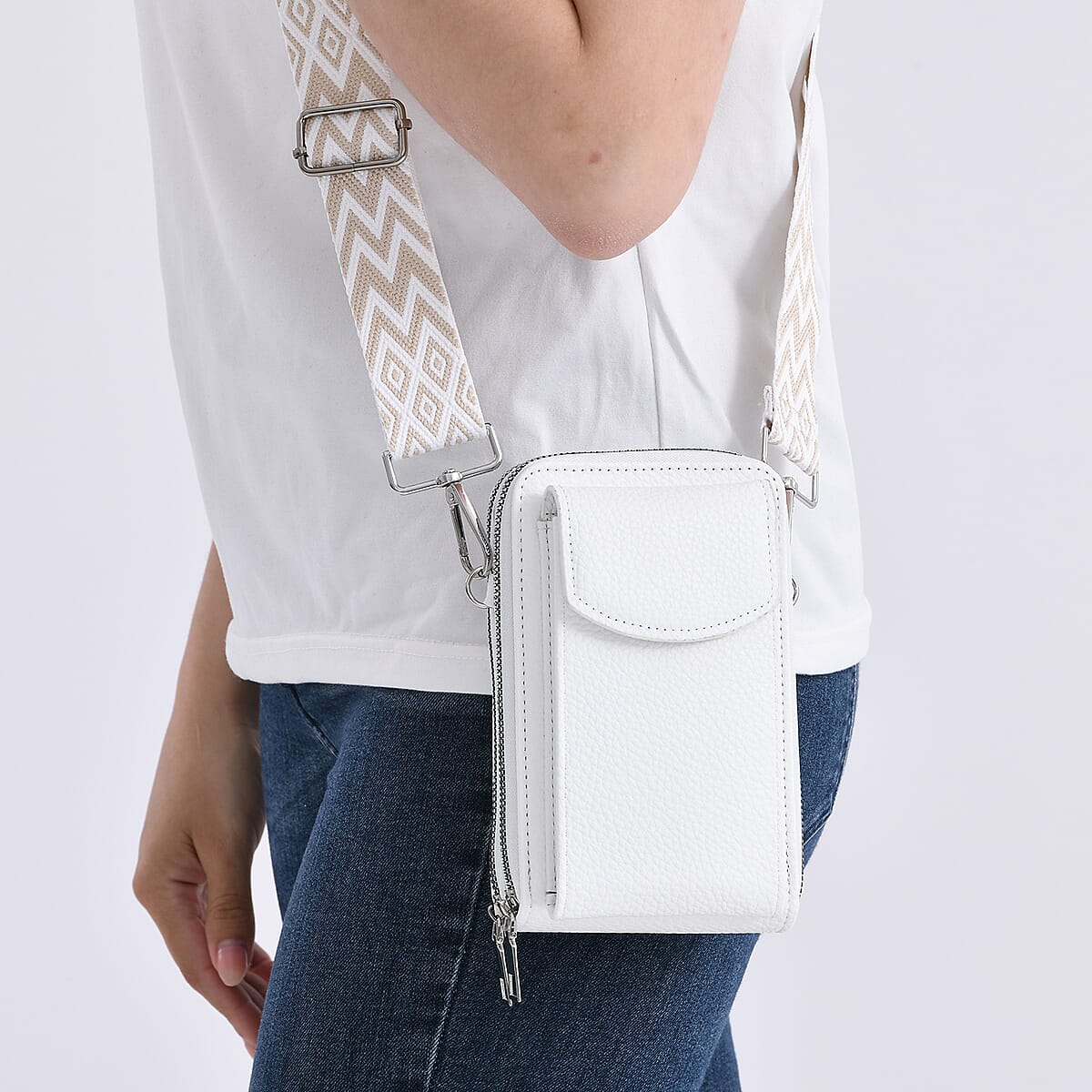 White Litchi Embossed Faux Leather Crossbody Bag with Woven Shoulder Strap image number 3