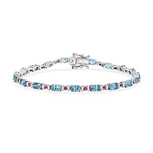 D'Joy Premium Cambodian Blue Zircon and Multi Gemstone 6.90 ctw Twilight Spark Bracelet in Rhodium Over Sterling Silver (7.25 In)