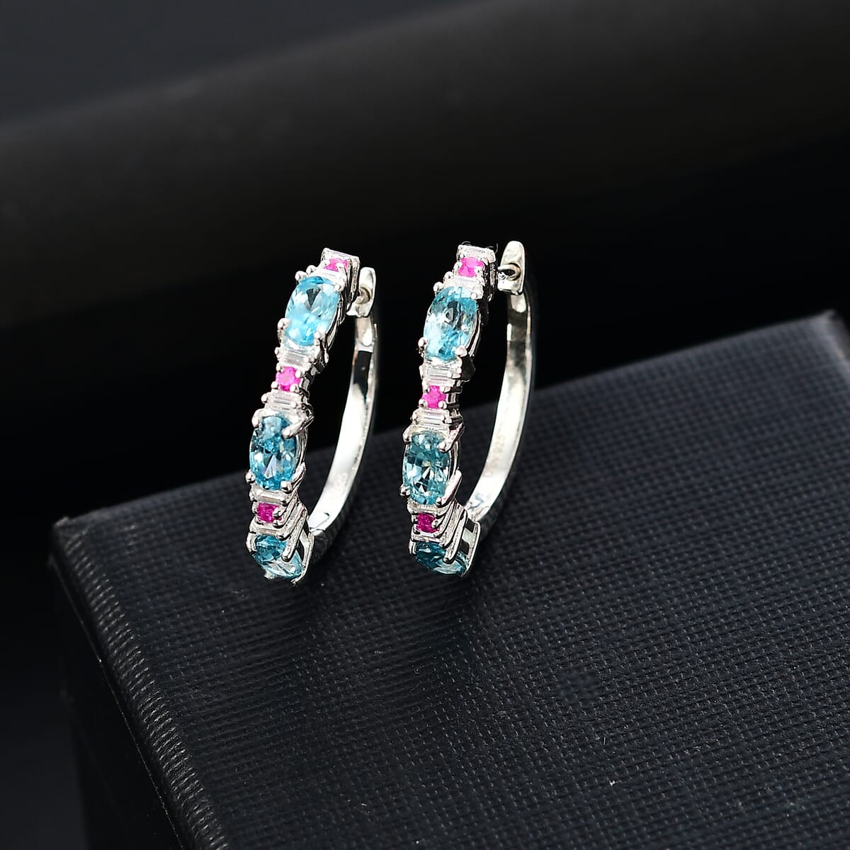 D'Joy Premium Cambodian Blue Zircon and Multi Gemstone 2.75 ctw Twilight Spark Earrings in Rhodium Over Sterling Silver image number 1