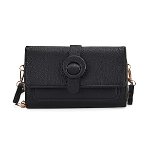 Black Solid Faux Leather Crossbody Wallet with Shoulder Strap